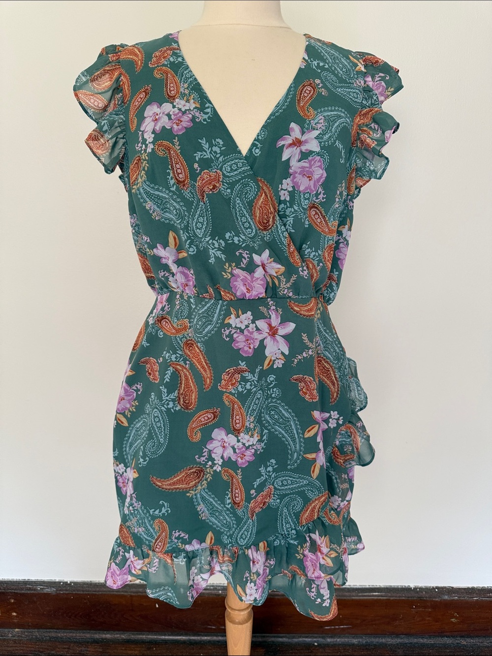 Bar III Green Paisley Floral Wrap Mini Dress
